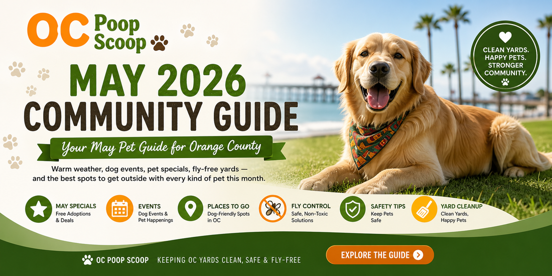 OC Poop Scoop May 2026 Community Guide featuring dog events in Orange County, free dog adoption special at OC Animal Care, dog-friendly parks like Huntington Dog Beach, and tips for fly control, pet safety, and yard cleanup